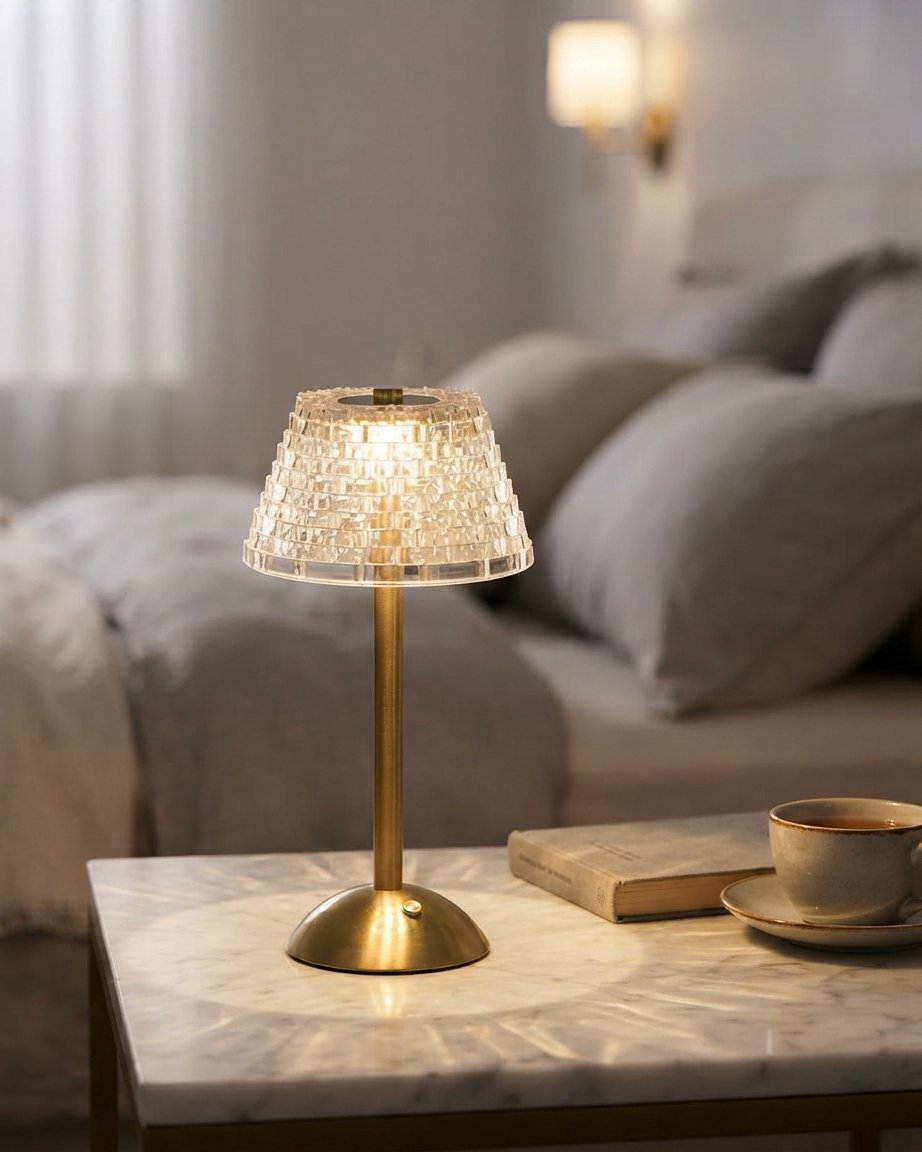 Draadloze vintage tafellamp met glazen kap – oplaadbaar