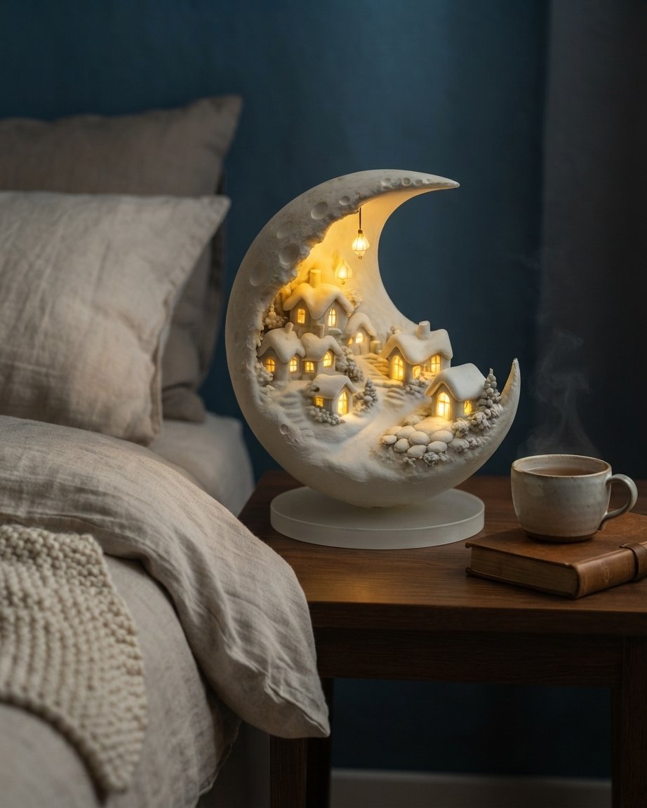 Verlichte maandecoratie met winterdorp en LED-gloed