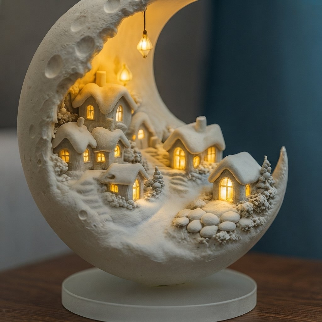 Verlichte maandecoratie met winterdorp en LED-gloed