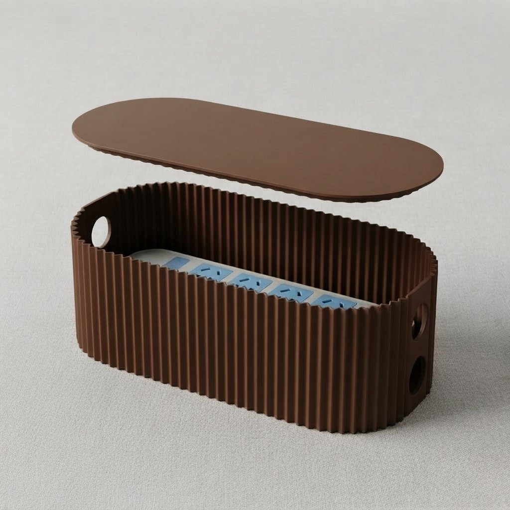 Kabelbox met deksel – geribbeld design, 33 cm — Bruin